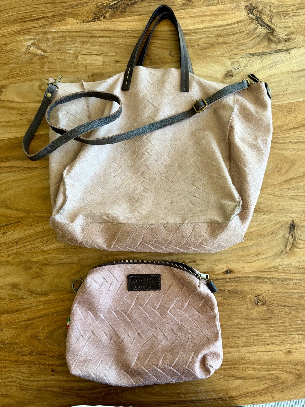 Blush Pink / Beige Leather Tote and Pouch Set